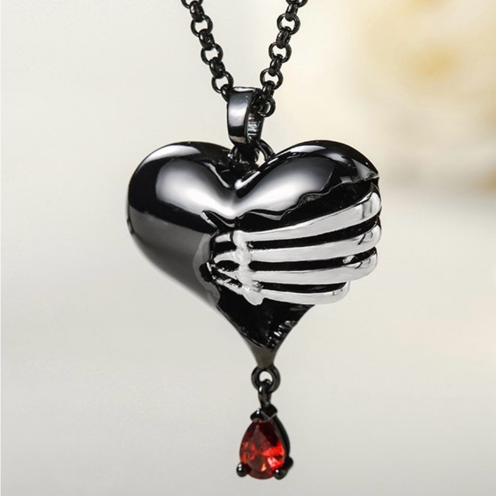 Gothic Black Heart Necklace with Red Teardrop